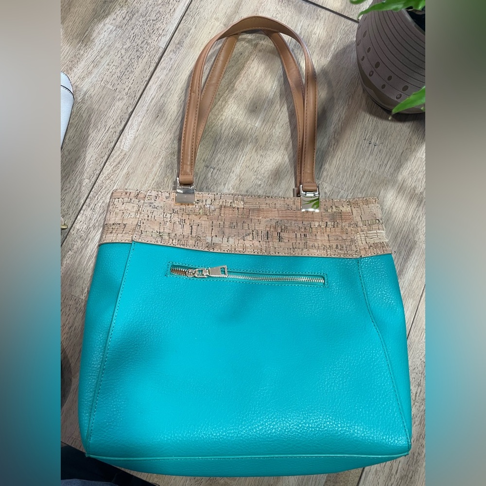 Teal medium sized Mystique purse. Cork and gold accents